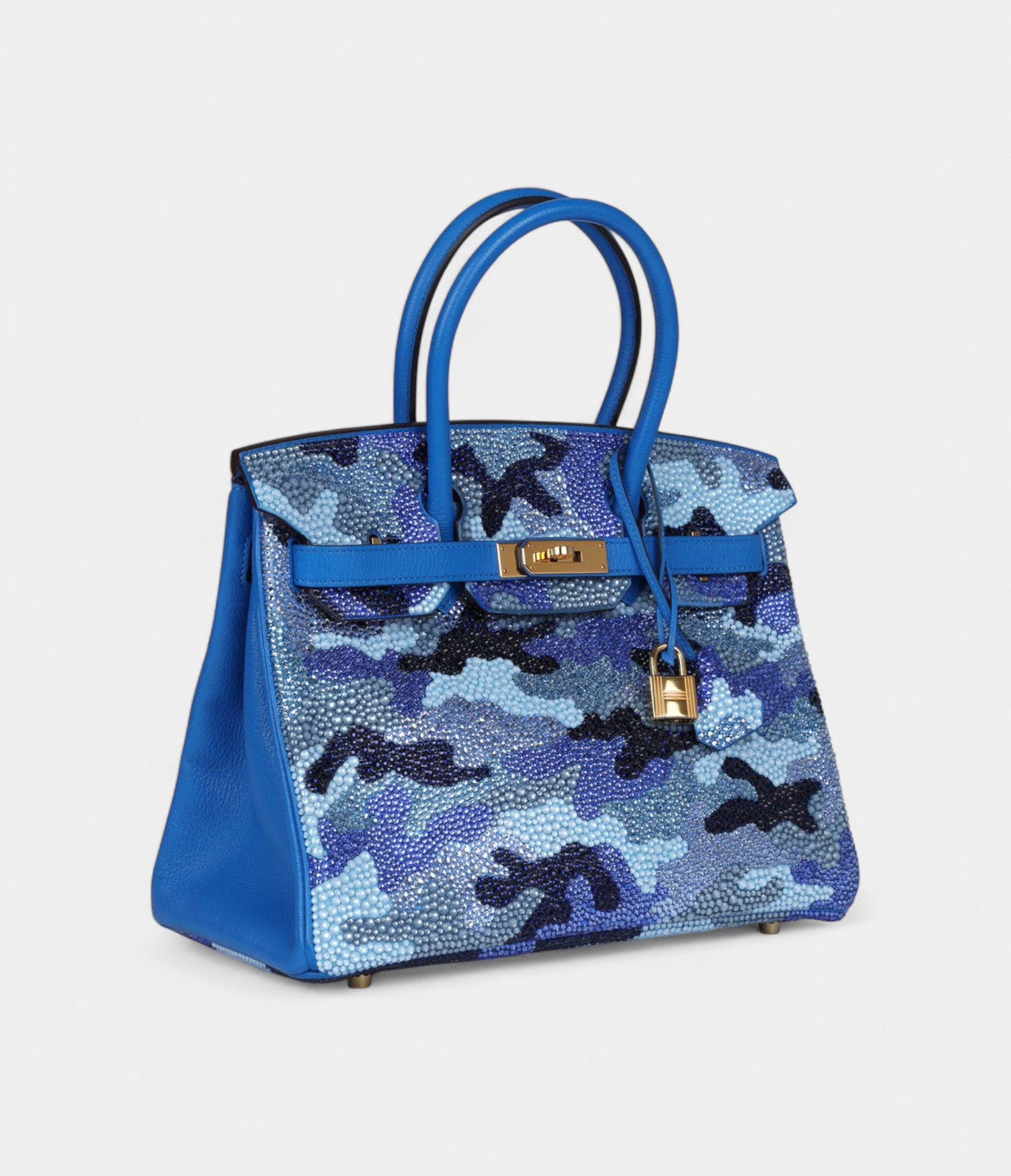 Custom Camouflage Swarovski Crystal Hermès Birkin 30 Bleu Hydra Chevre Gold Hardware