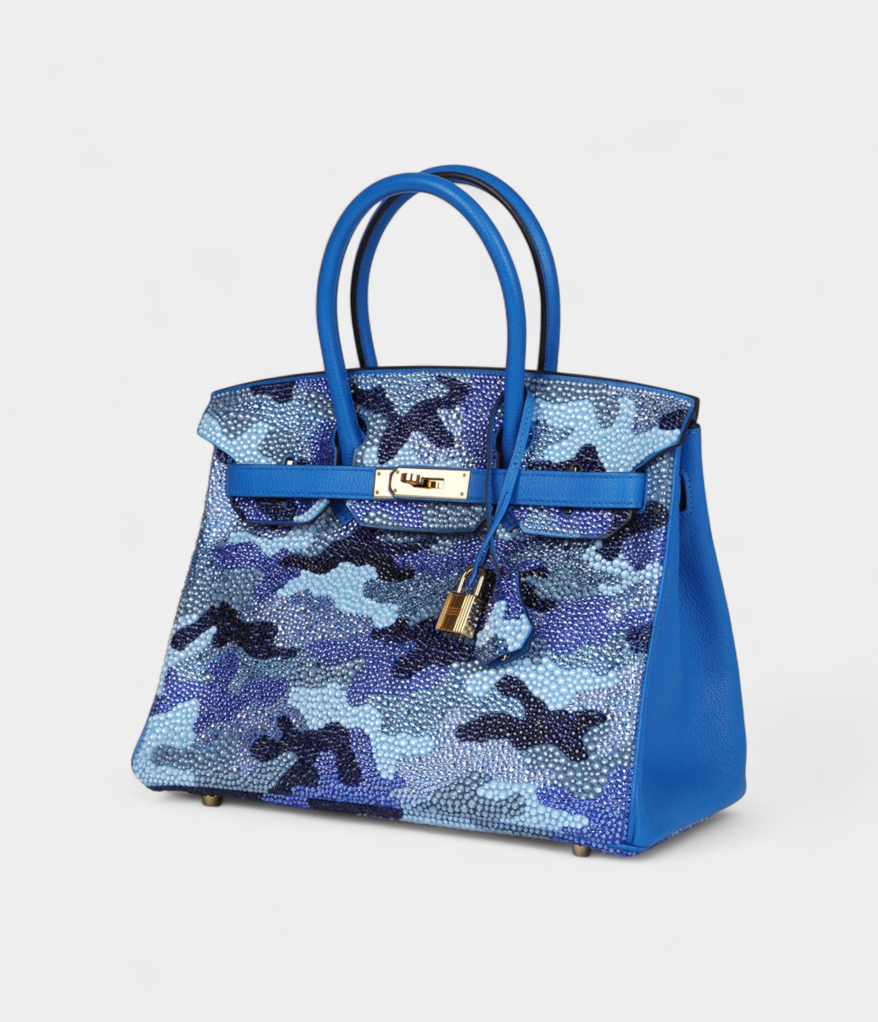 Custom Camouflage Swarovski Crystal Hermès Birkin 30 Bleu Hydra Chevre Gold Hardware