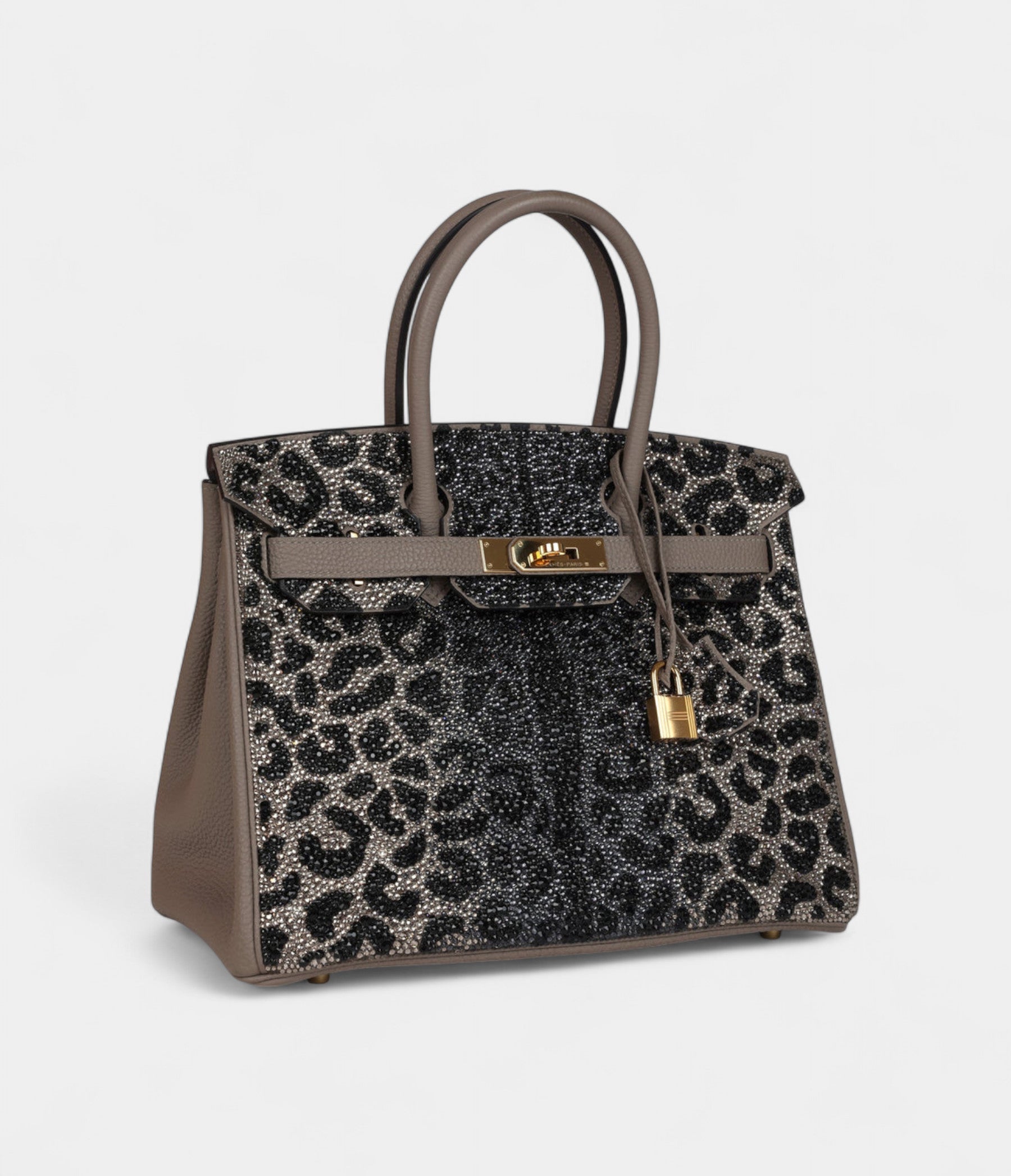 Custom Leopard Swarovski Crystal Hermès Birkin 30 Gris Asphalte Togo Gold Hardware