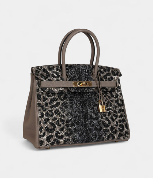 Custom Leopard Swarovski Crystal Hermès Birkin 30 Gris Asphalte Togo Gold Hardware