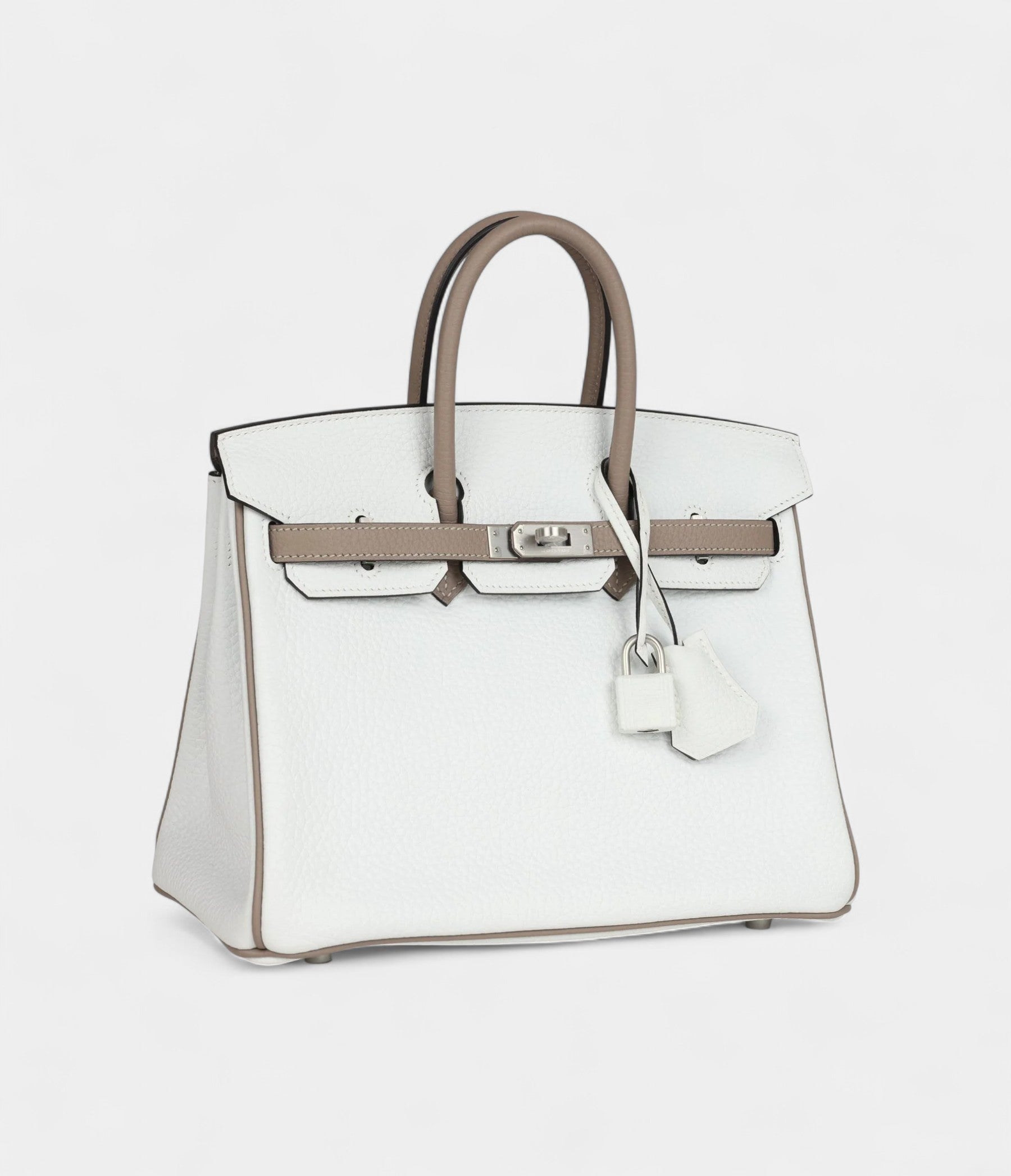 Hermès Birkin 25 – White & Etoupe Clemence with Brushed Palladium Hardware