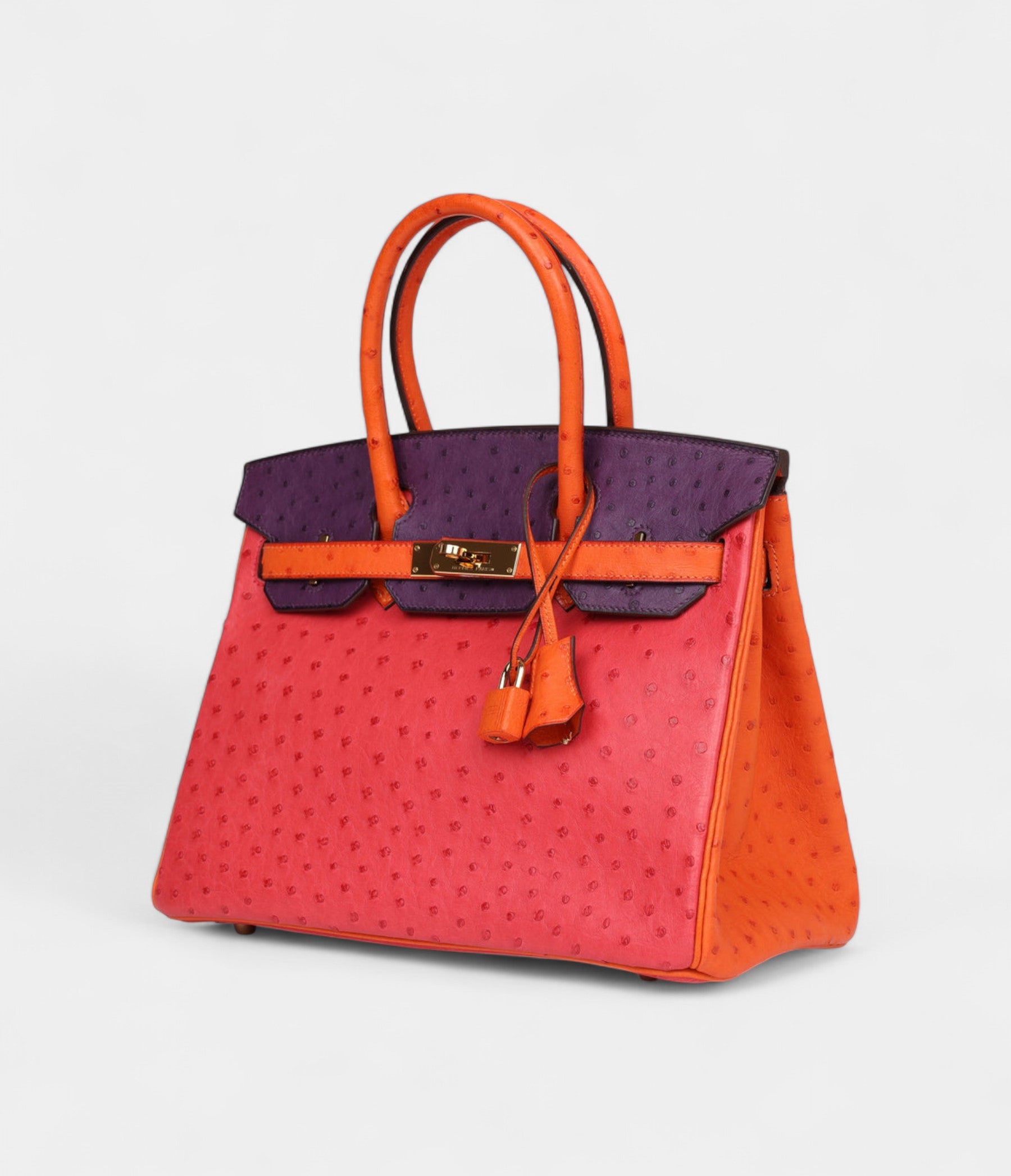 Hermès Birkin 30 Tangerine, Violet and Bougainvillea Ostrich Gold Hardware