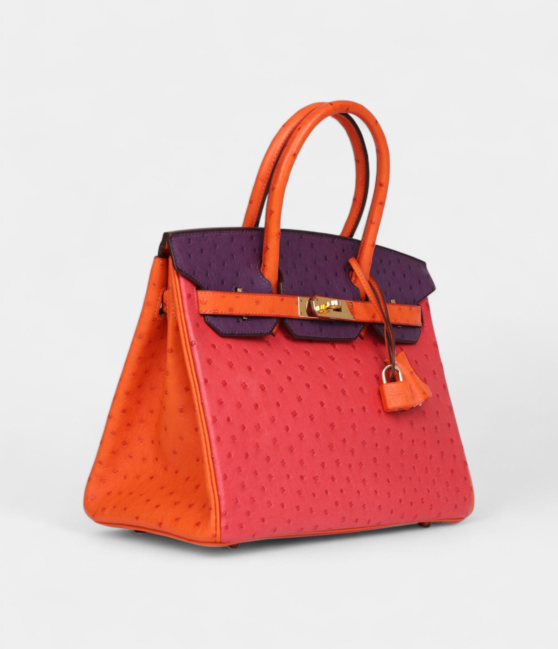 Hermès Birkin 30 Tangerine, Violet and Bougainvillea Ostrich Gold Hardware