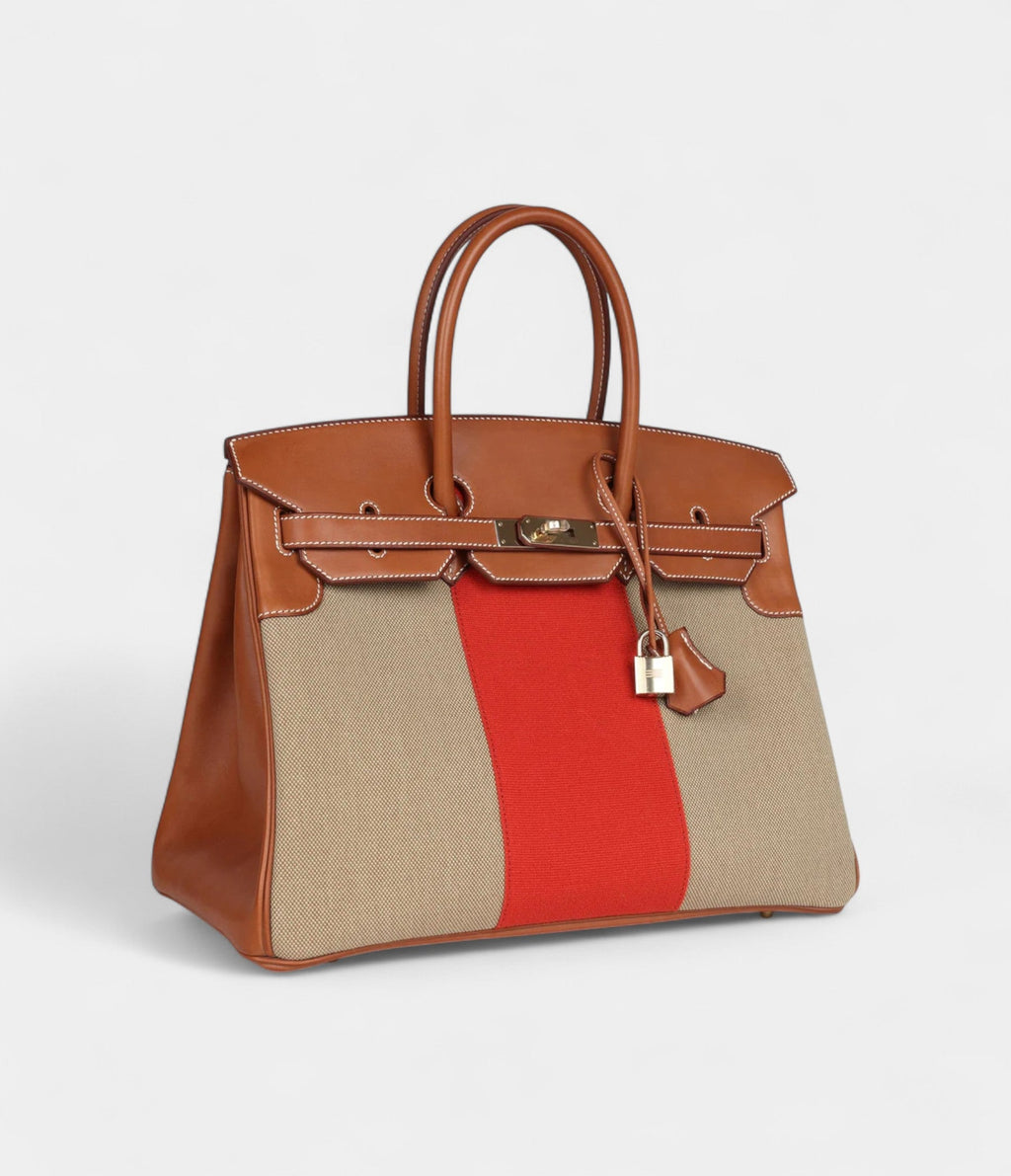 Hermès Birkin 35 Flag Ficelle and Paprika Toile H and Fauve Barenia Permabrass Hardware
