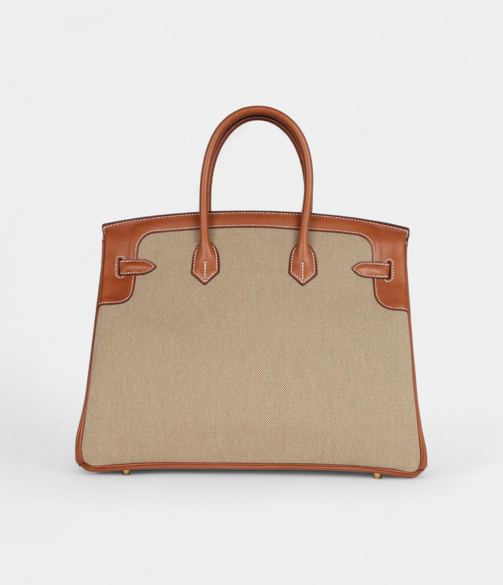 Hermès Birkin 35 Flag Ficelle and Paprika Toile H and Fauve Barenia Permabrass Hardware