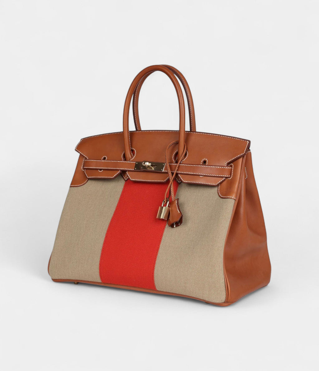 Hermès Birkin 35 Flag Ficelle and Paprika Toile H and Fauve Barenia Permabrass Hardware