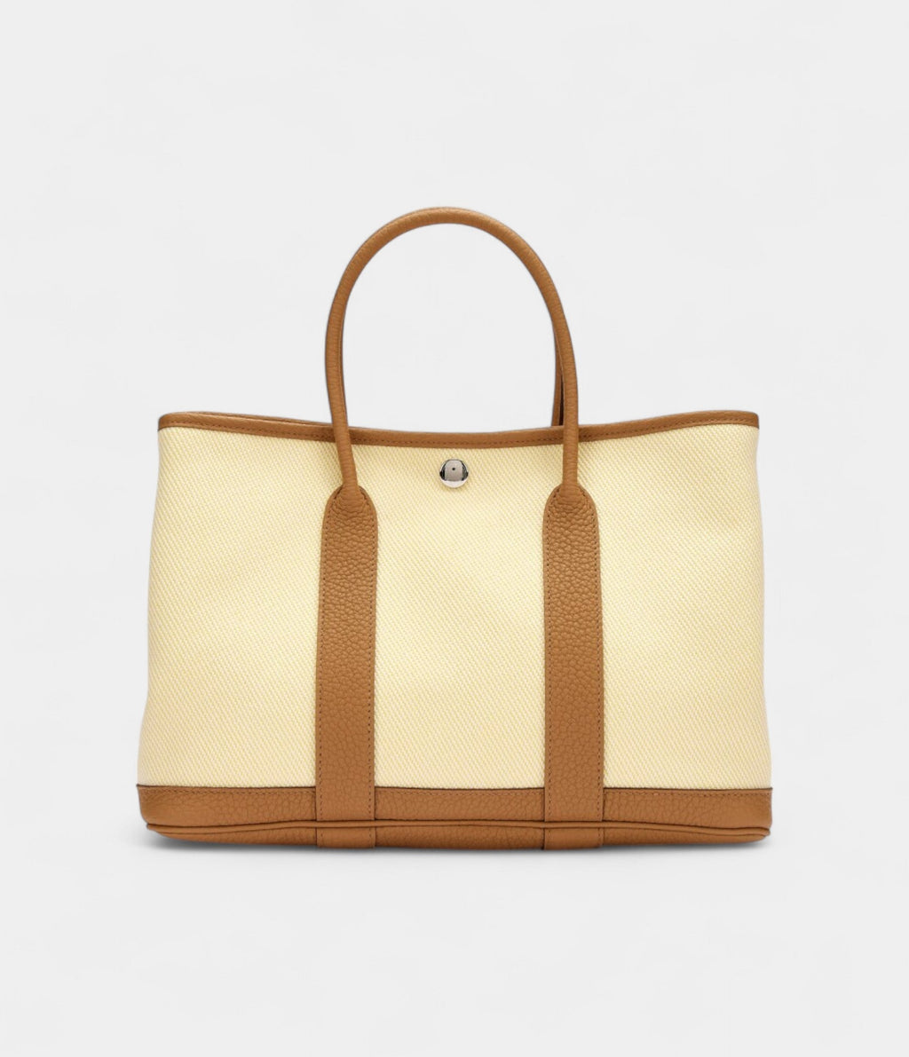 Hermès Biscuit Negonda and Écru Twill H Canvas Verso Garden Party 30 TPM Palladium Hardware