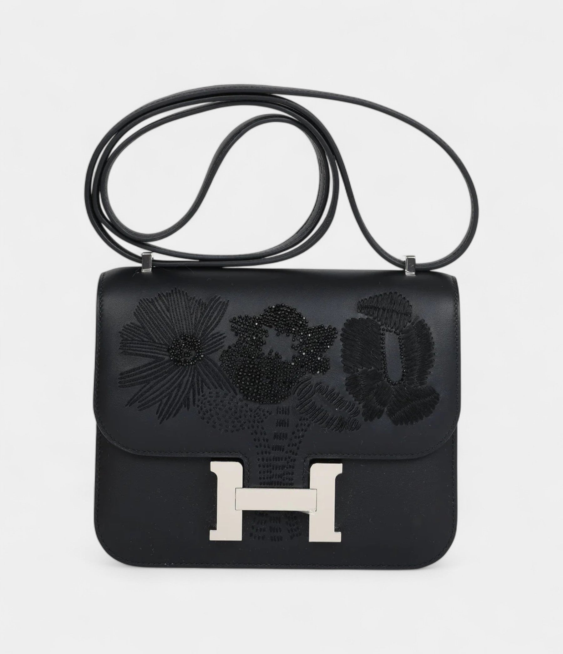 Hermès Constance 18 "Dancing Flowers" Black Embroidered Swift Palladium Hardware