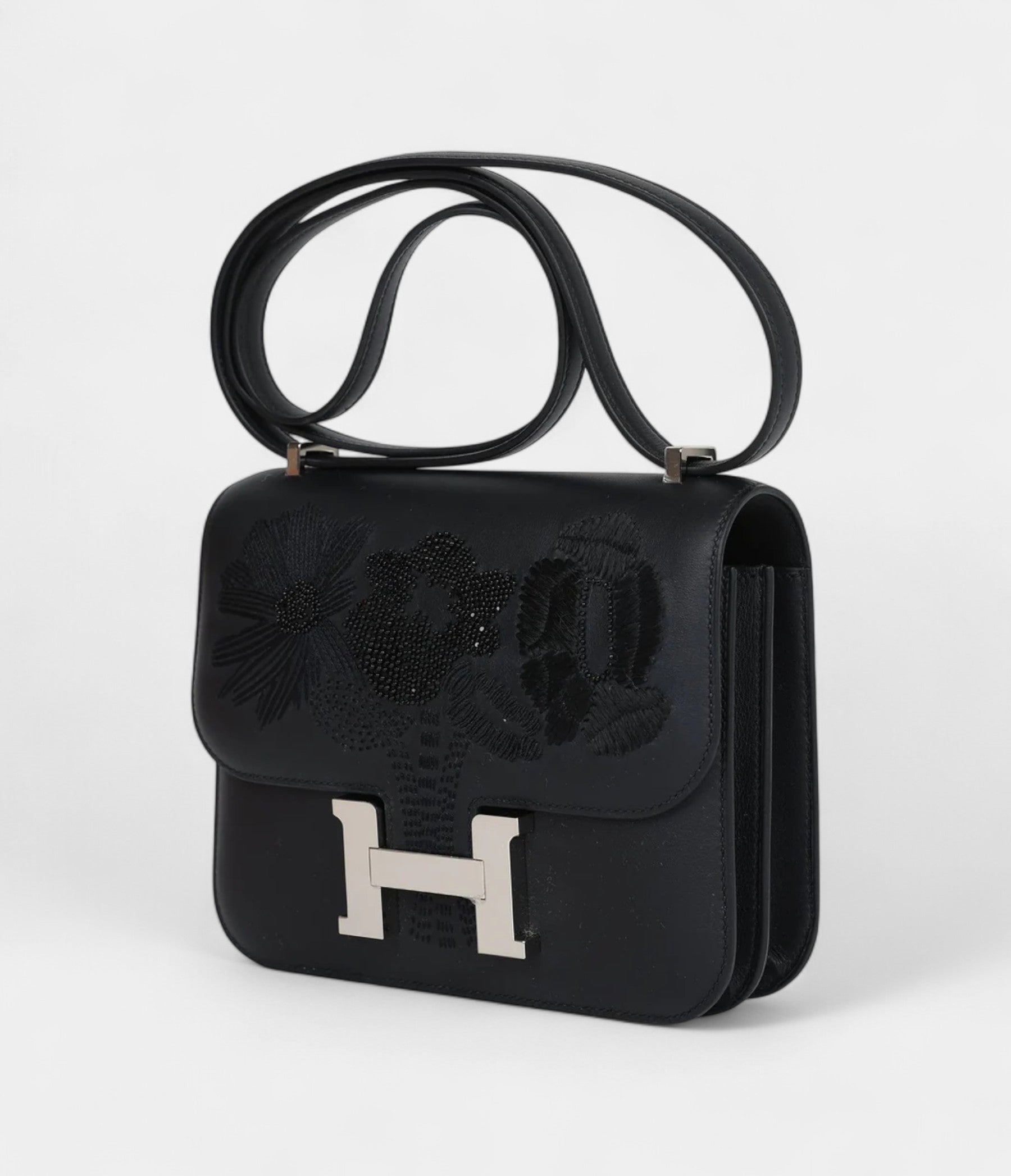 Hermès Constance 18 "Dancing Flowers" Black Embroidered Swift Palladium Hardware