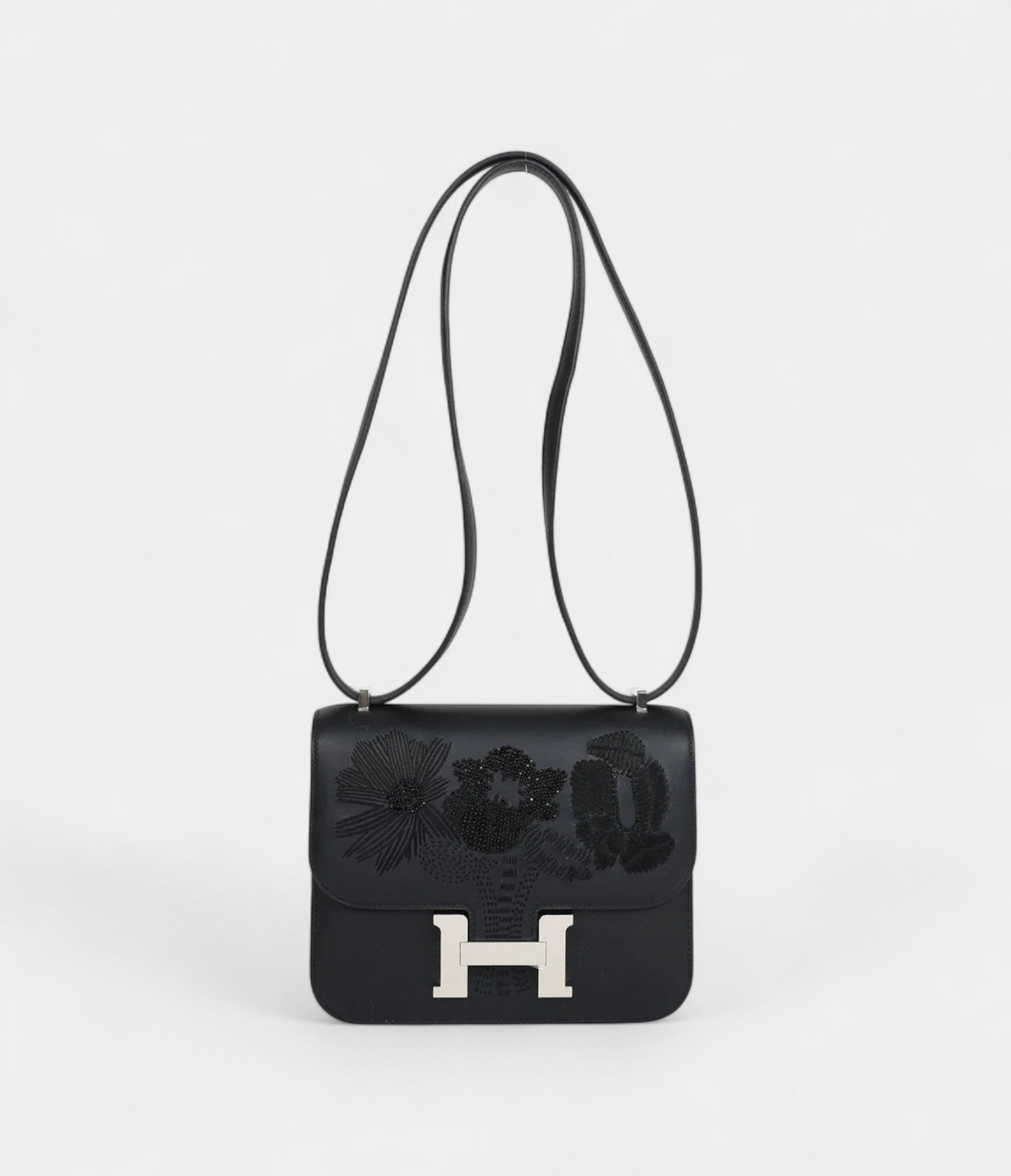 Hermès Constance 18 "Dancing Flowers" Black Embroidered Swift Palladium Hardware