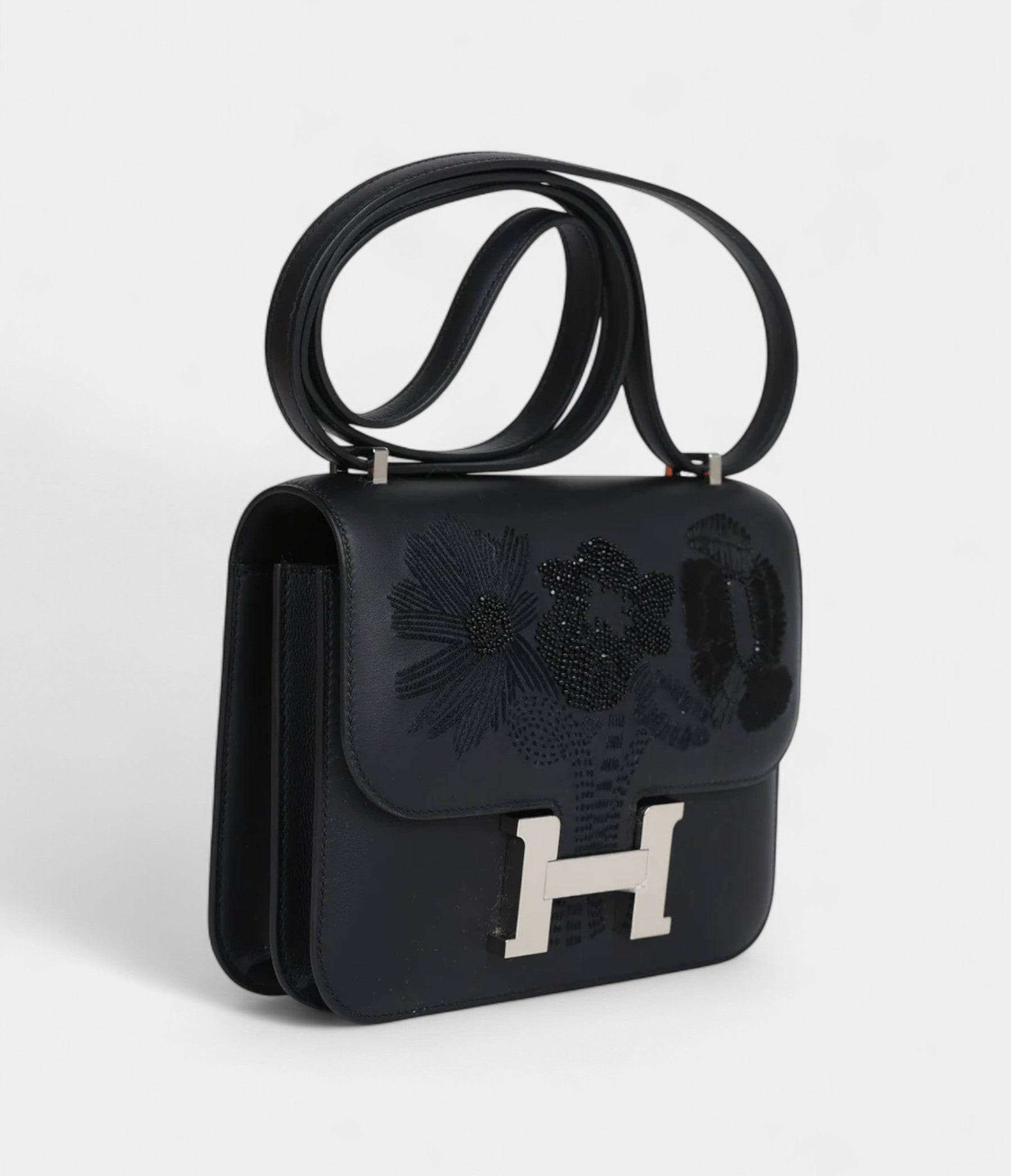 Hermès Constance 18 "Dancing Flowers" Black Embroidered Swift Palladium Hardware