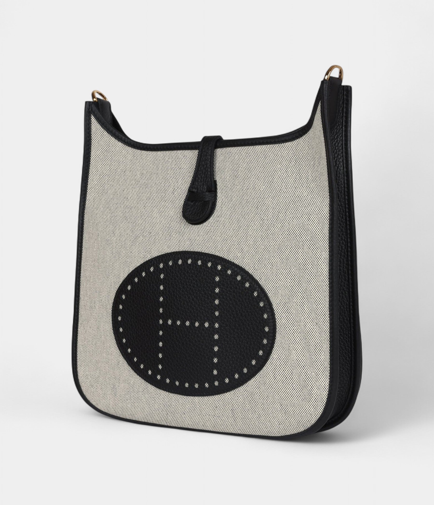 Hermès Evelyne III PM Black Clemence and Ecru Toile Gold Hardware