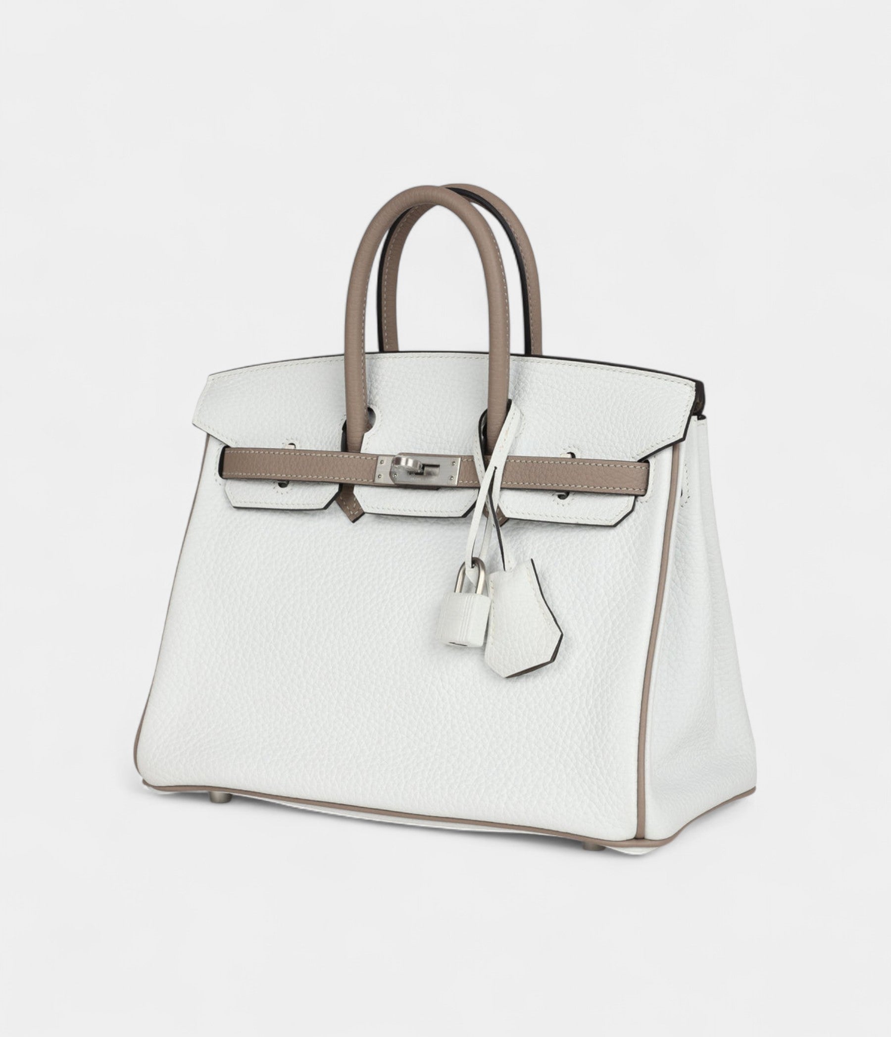 Hermès Birkin 25 – White & Etoupe Clemence with Brushed Palladium Hardware
