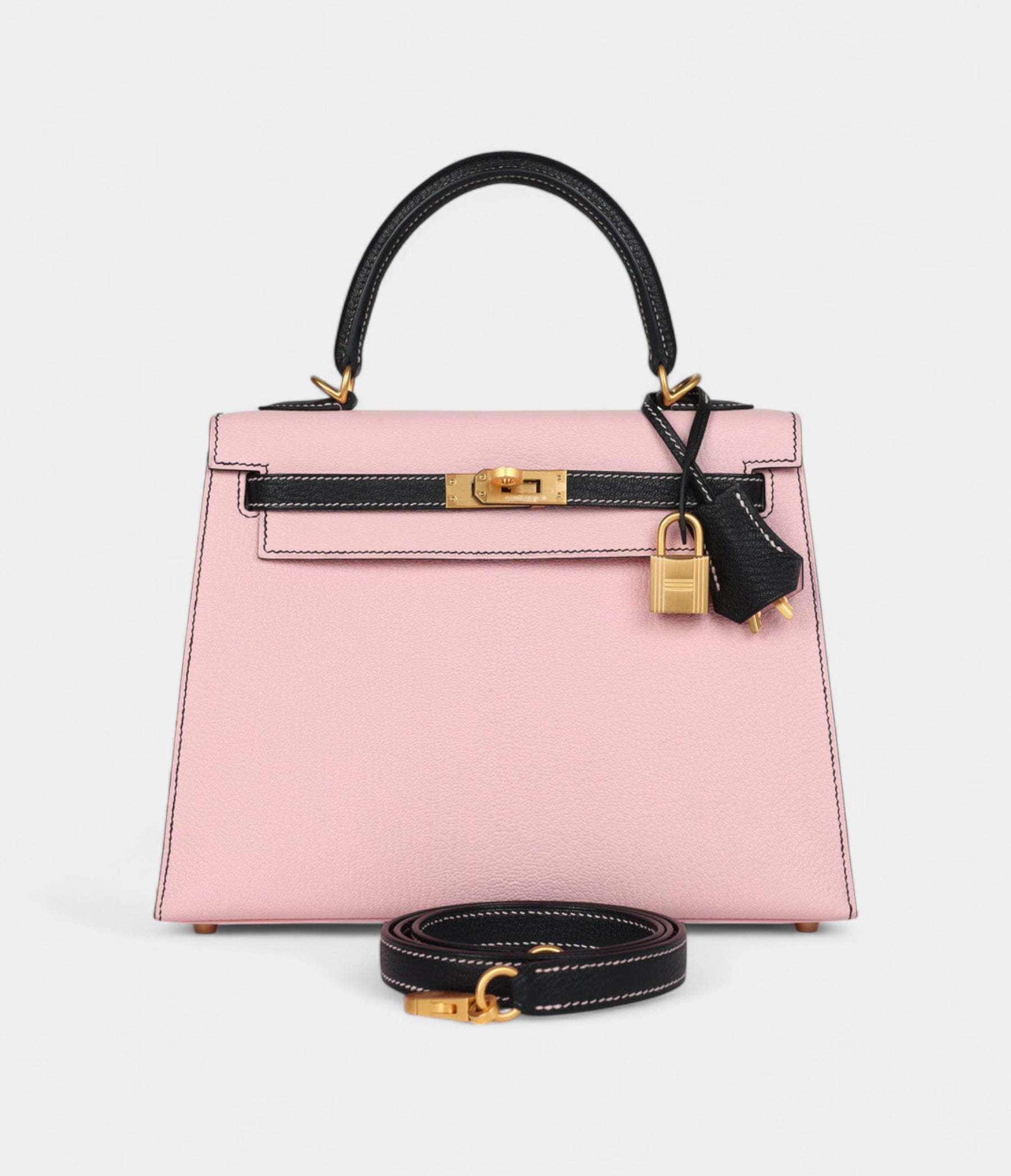 Hermes Kelly 25 Rose Sakura and Black Chevre Mysore Brushed Gold Hardware
