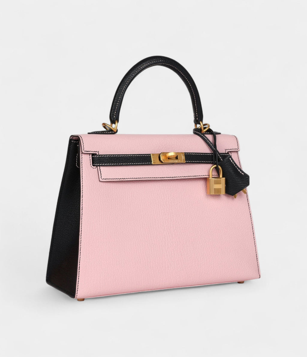 Hermes Kelly 25 Rose Sakura and Black Chevre Mysore Brushed Gold Hardware