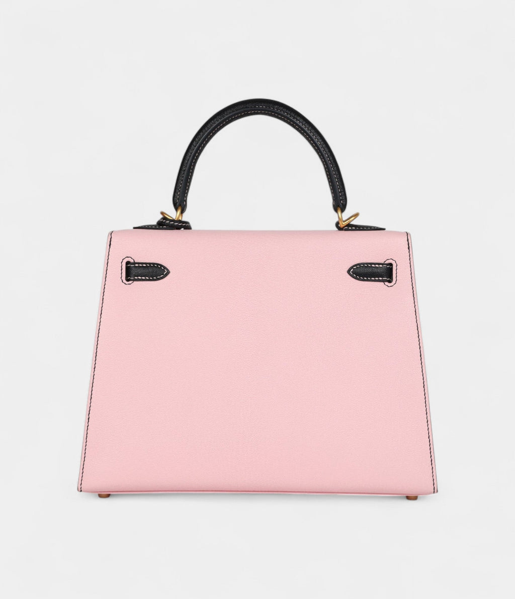 Hermes Kelly 25 Rose Sakura and Black Chevre Mysore Brushed Gold Hardware