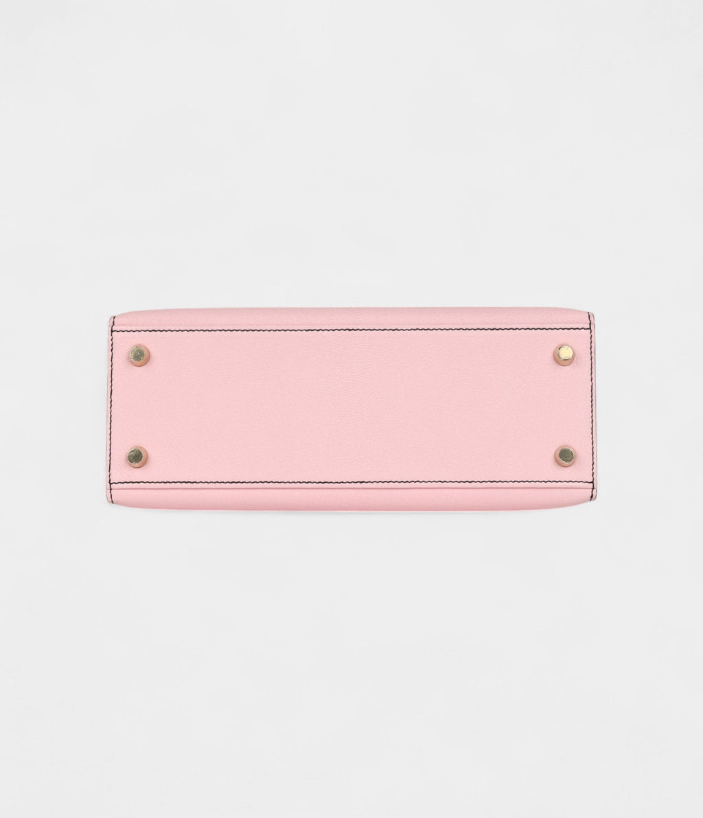 Hermes Kelly 25 Rose Sakura and Black Chevre Mysore Brushed Gold Hardware