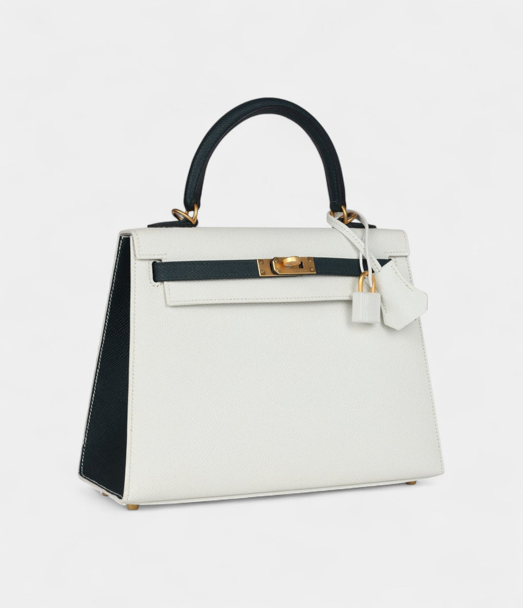 Hermes Kelly 25 White and Vert Cypress Epsom Brushed Gold Hardware