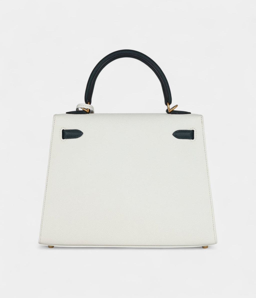Hermes Kelly 25 White and Vert Cypress Epsom Brushed Gold Hardware