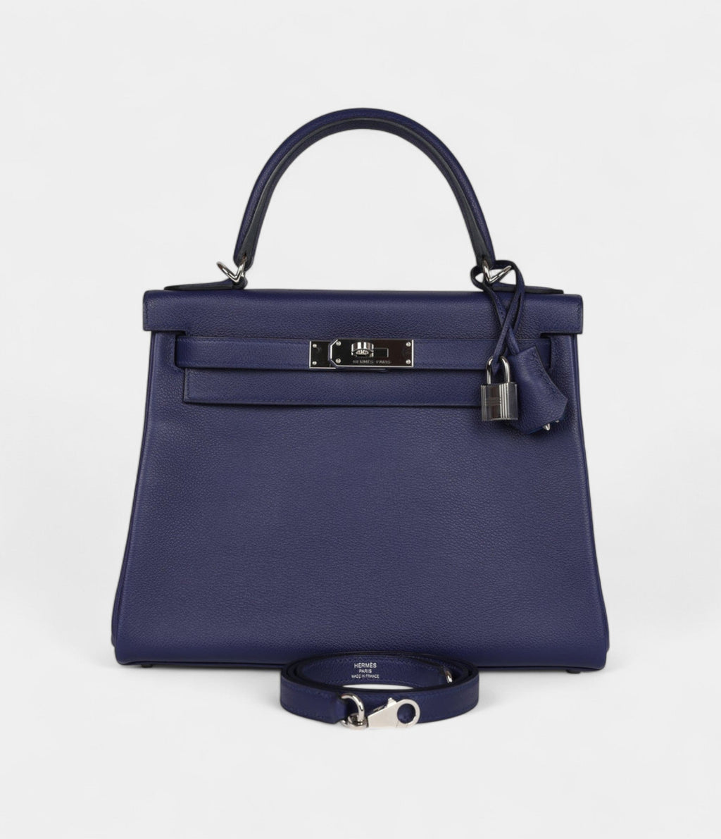 Hermes Kelly 28 Bleu Encre Verso Evercolor Palladium Hardware