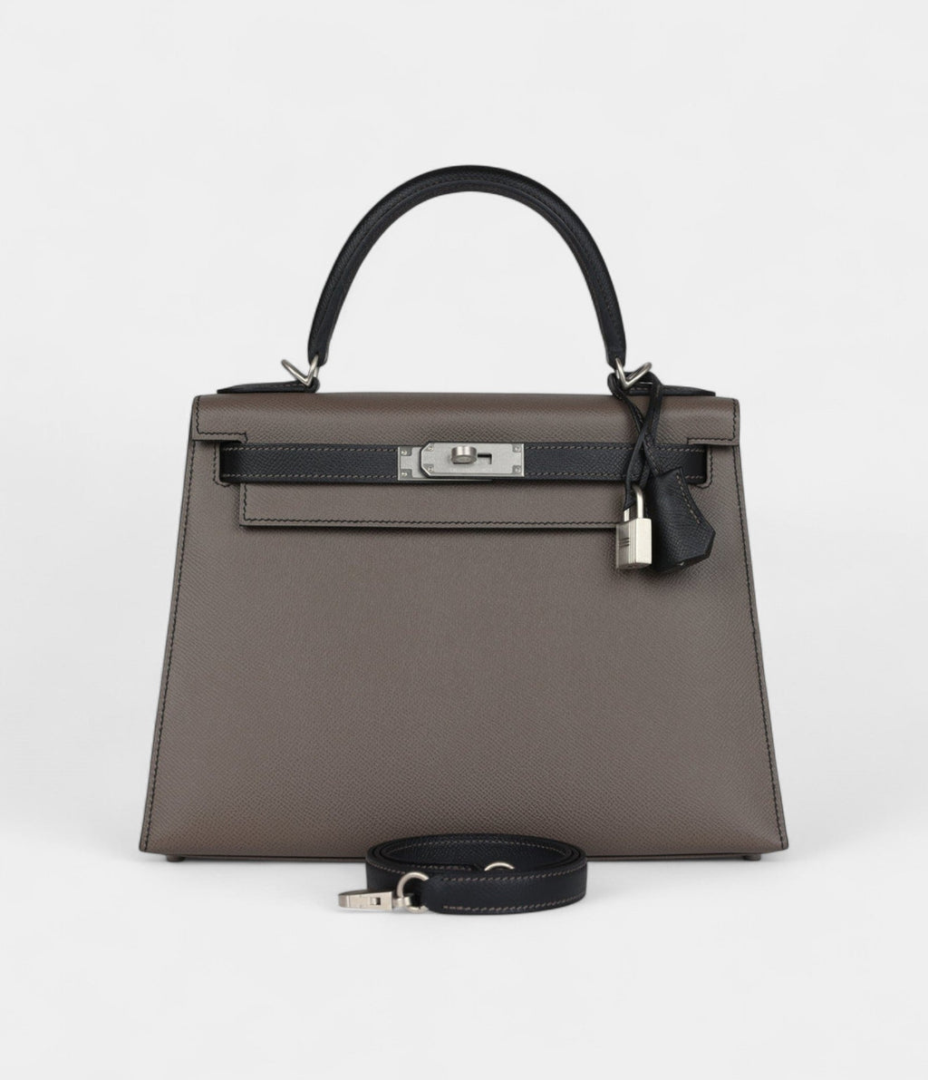 Hermes Kelly 28 Etain and Black Epsom Brushed Palladium Hardware
