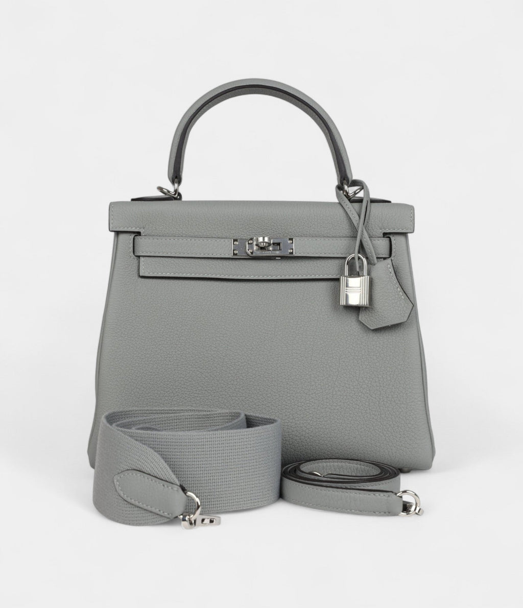Hermes Kelly 28 Grey Seagull Togo Palladium Hardware