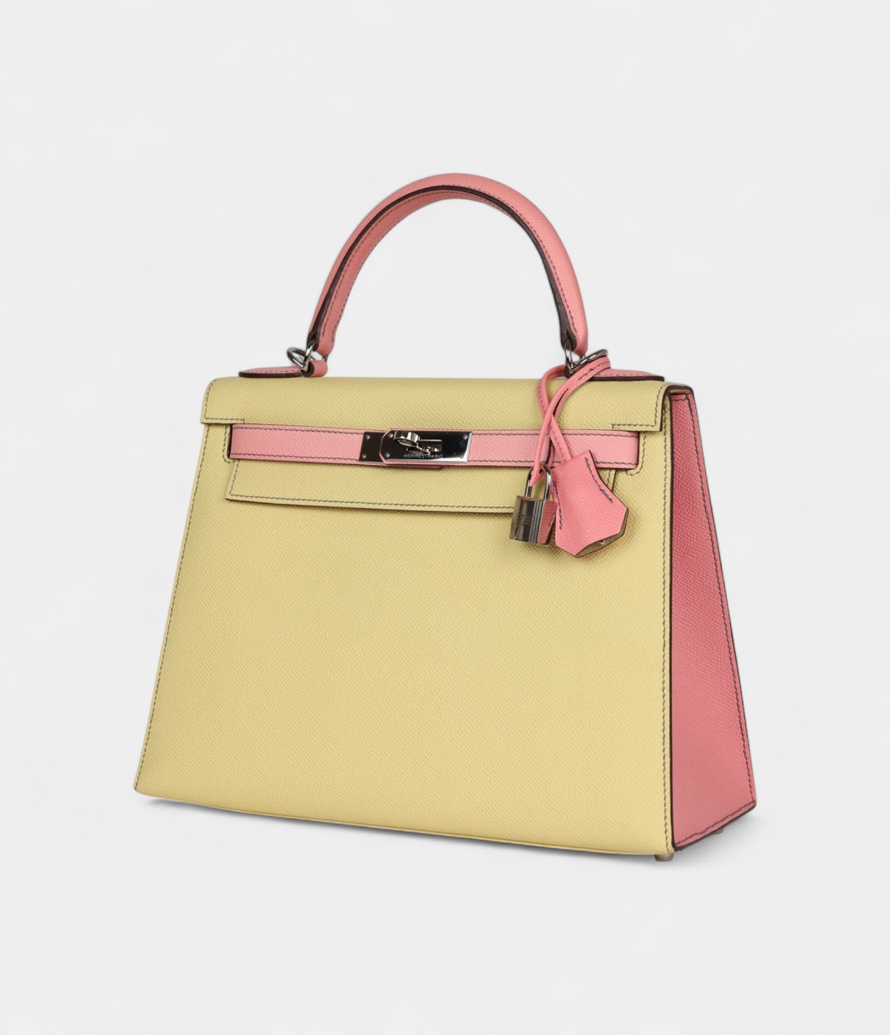 Hermes Kelly 28 Rose Confetti and Jaune Poussin Epsom Palladium Hardware