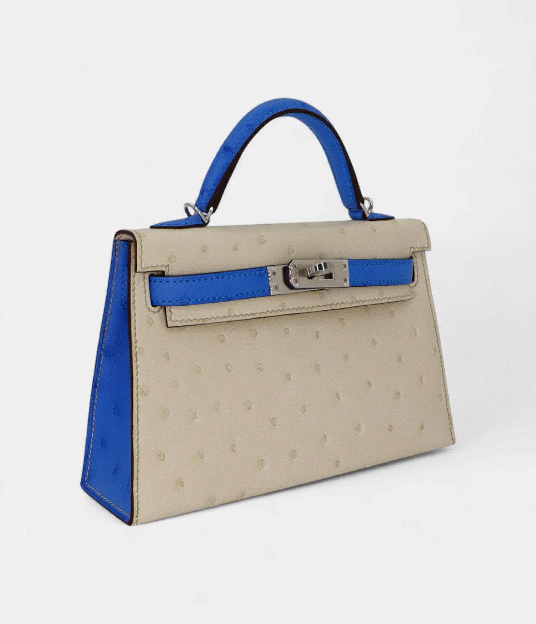 Hermès Kelly II Sellier Mini Beton/Bluette Ostrich Palladium Hardware