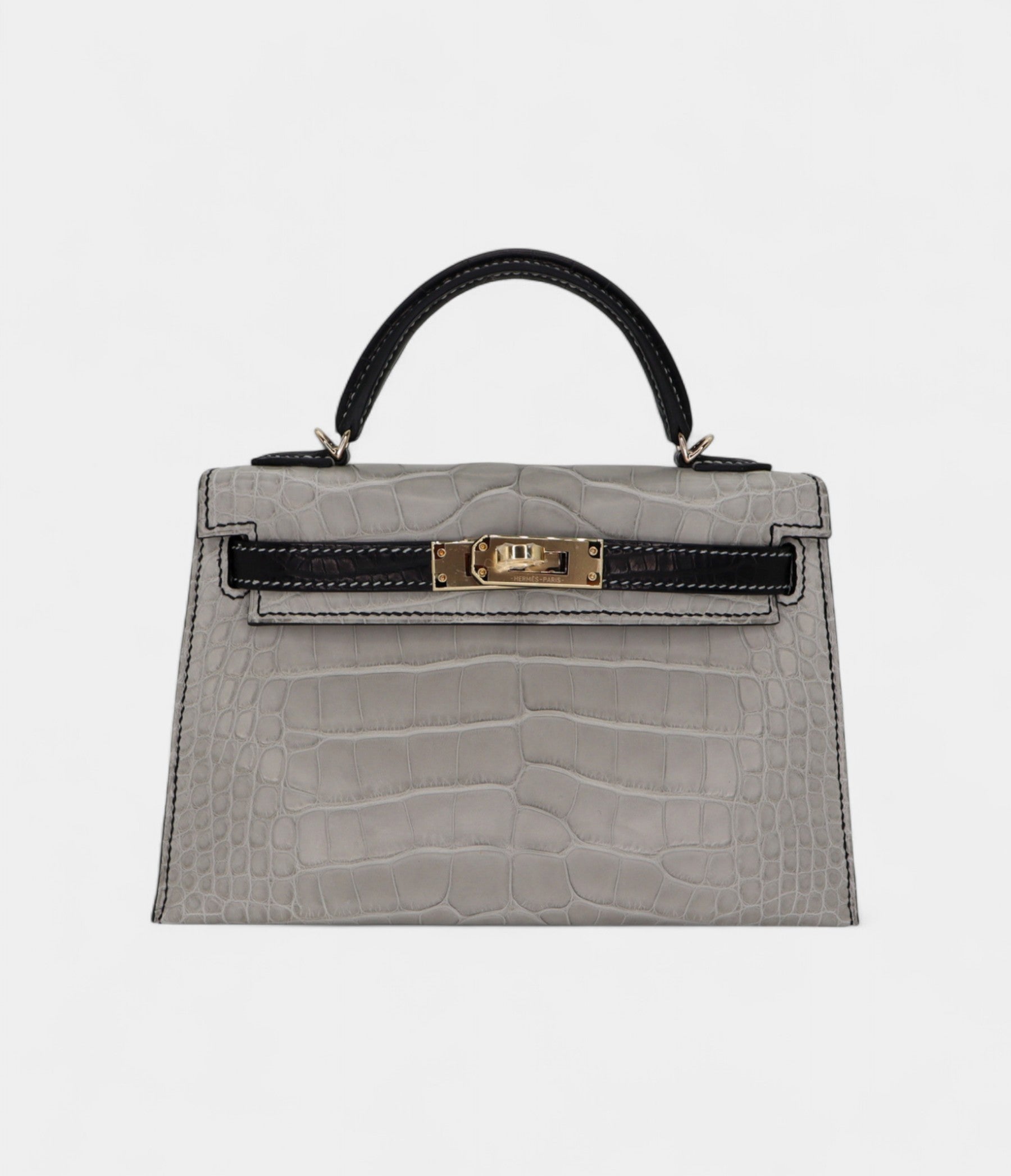 Hermès Kelly II Sellier Mini Gris Perle/Black Matte Alligator Permabrass Hardware