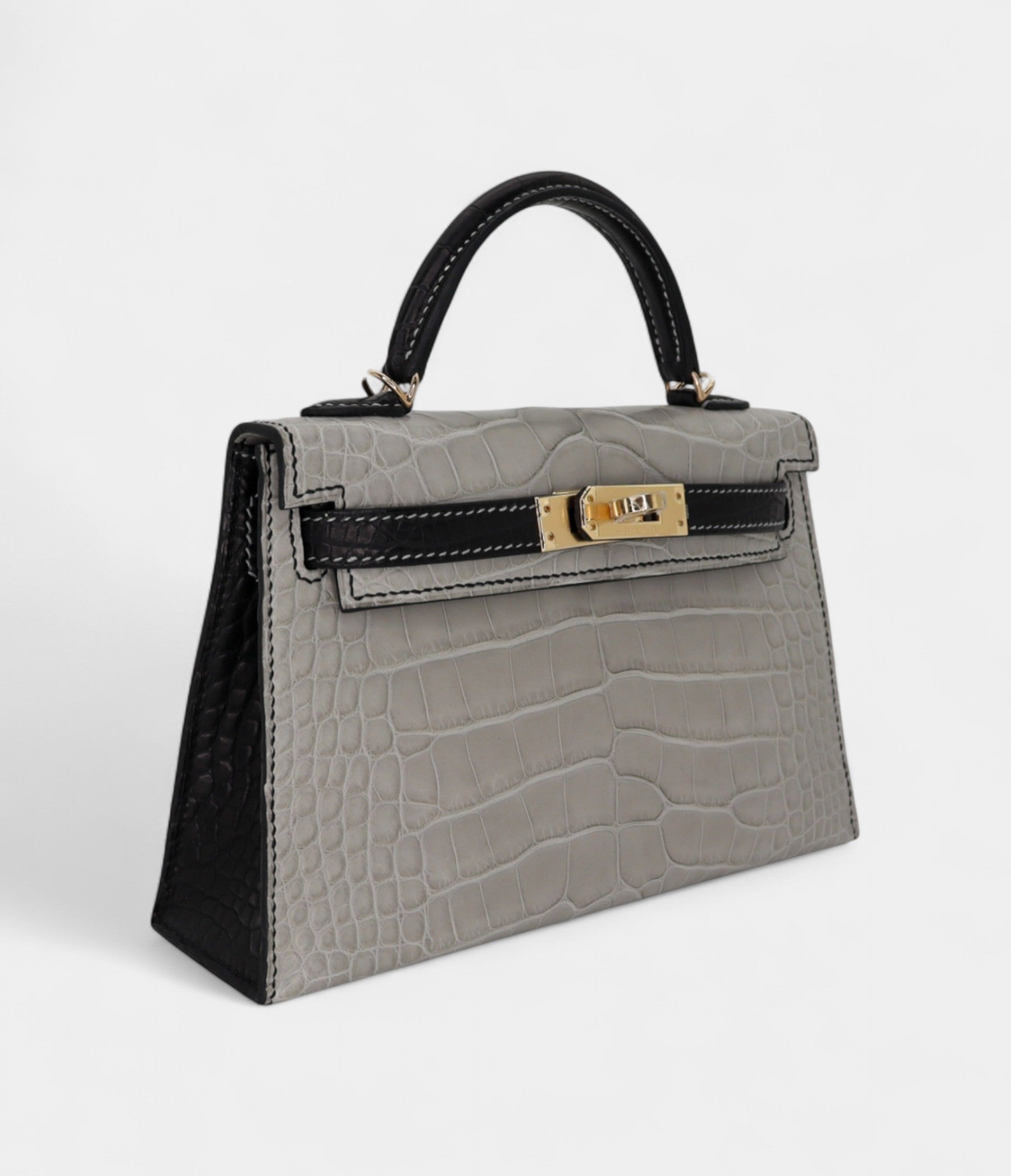 Hermès Kelly II Sellier Mini Gris Perle/Black Matte Alligator Permabrass Hardware
