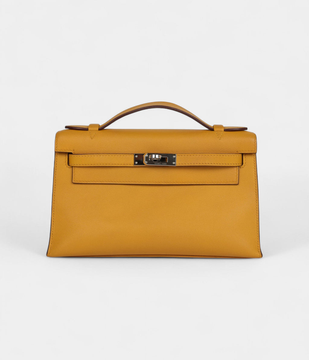 Hermès Kelly Pochette Jaune Ambre Swift Palladium Hardware