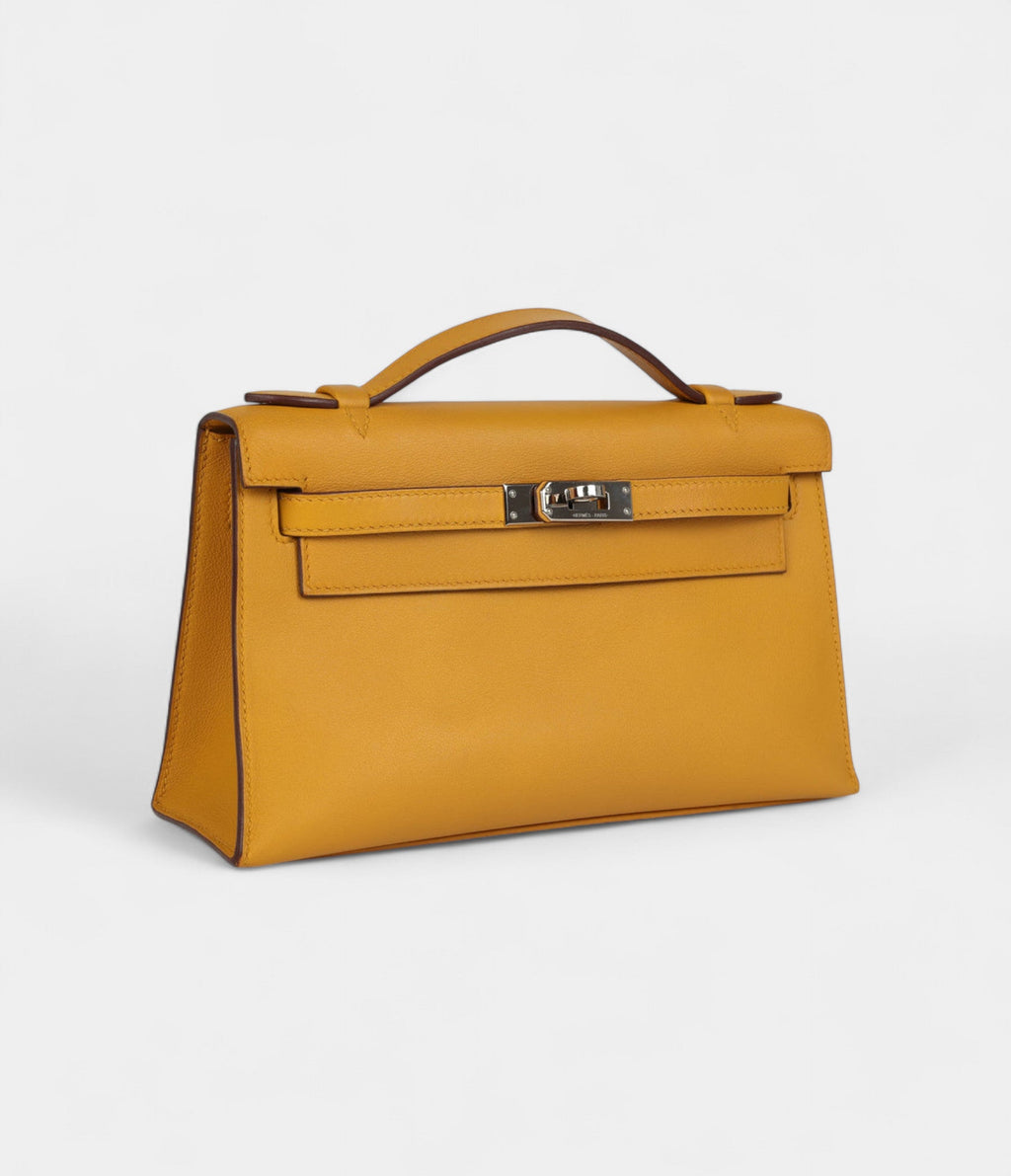 Hermès Kelly Pochette Jaune Ambre Swift Palladium Hardware
