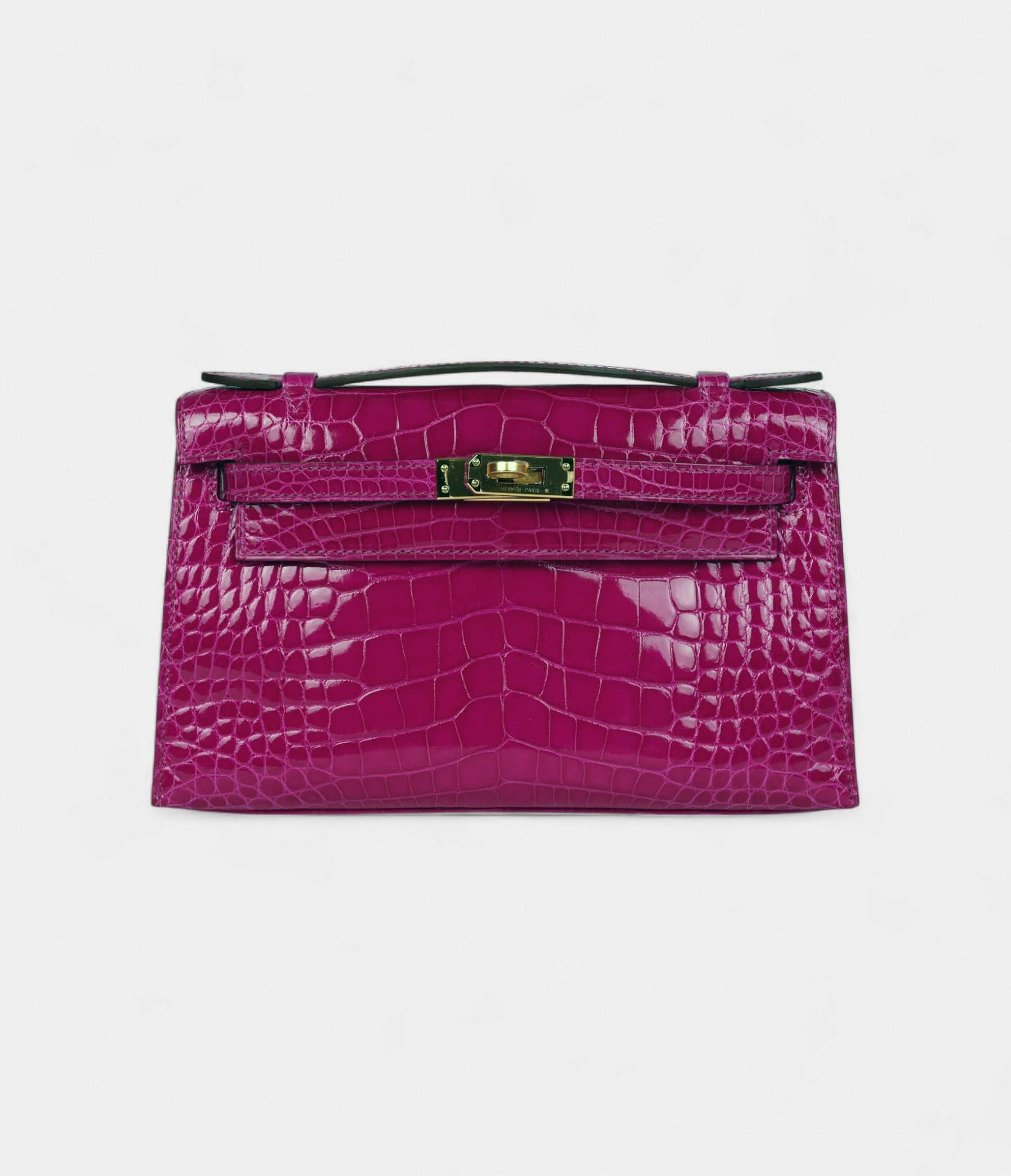 Hermès Kelly Pochette Rose Scheherazade Shiny Alligator Gold Hardware