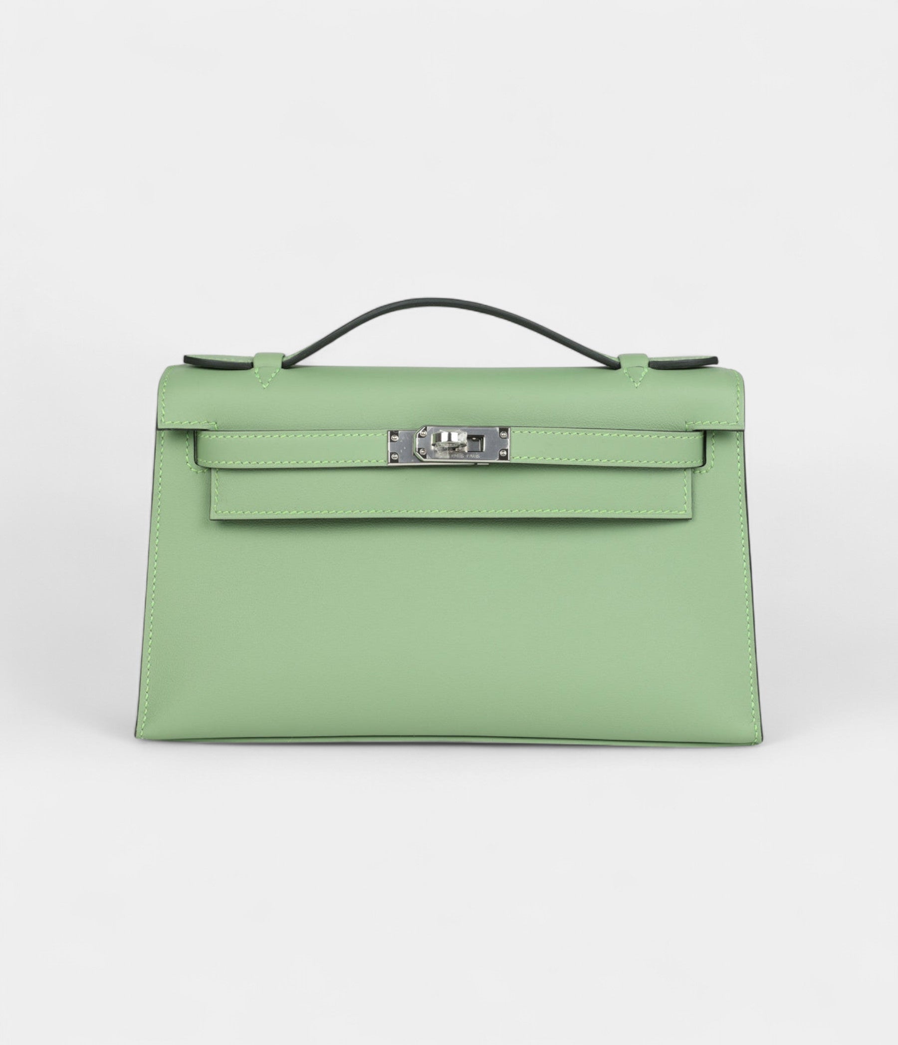 Hermès Kelly Pochette Vert Criquet Swift Palladium Hardware