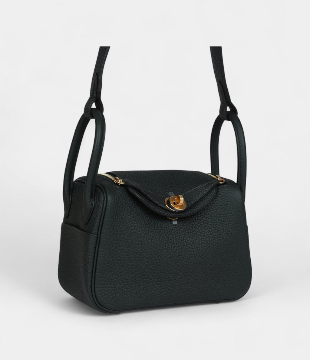 Hermès Mini Lindy Dark Green Clemence Gold Hardware