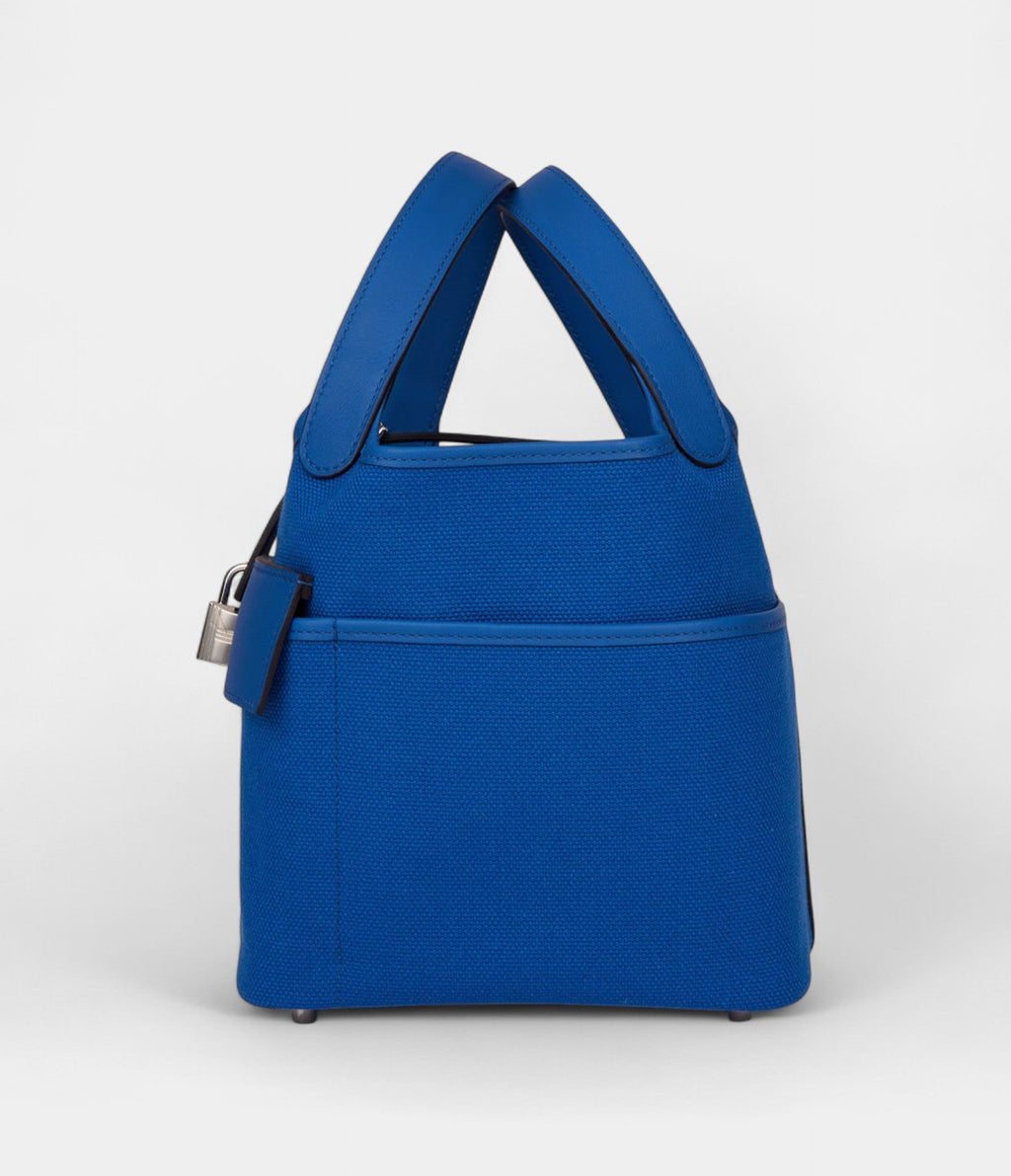Hermès Picotin Lock 18 Bleu Swift and Toile Canvas Palladium Hardware