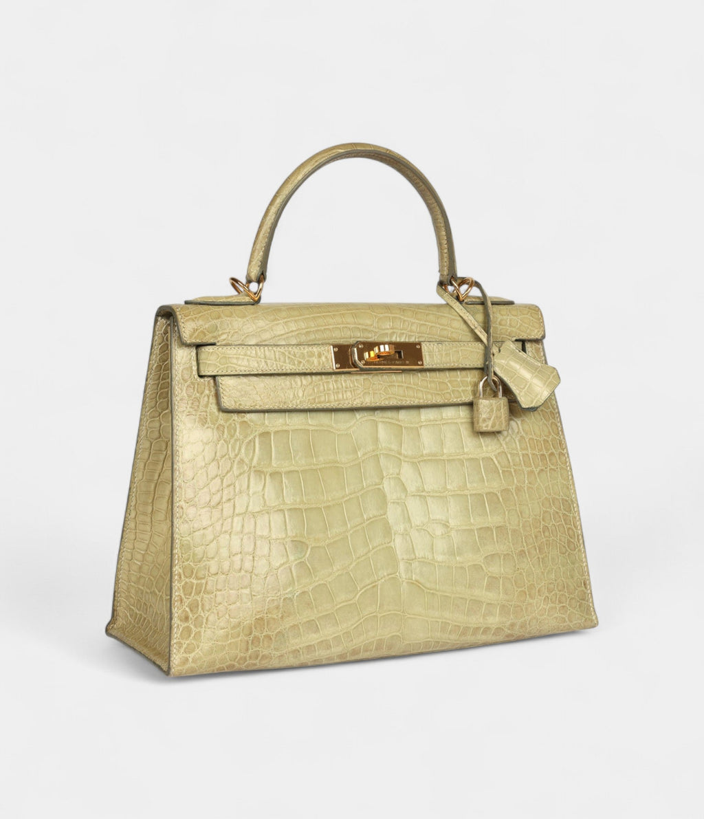 Vintage Hermes Kelly 28 Celadon Natura Shiny Alligator Gold Hardware