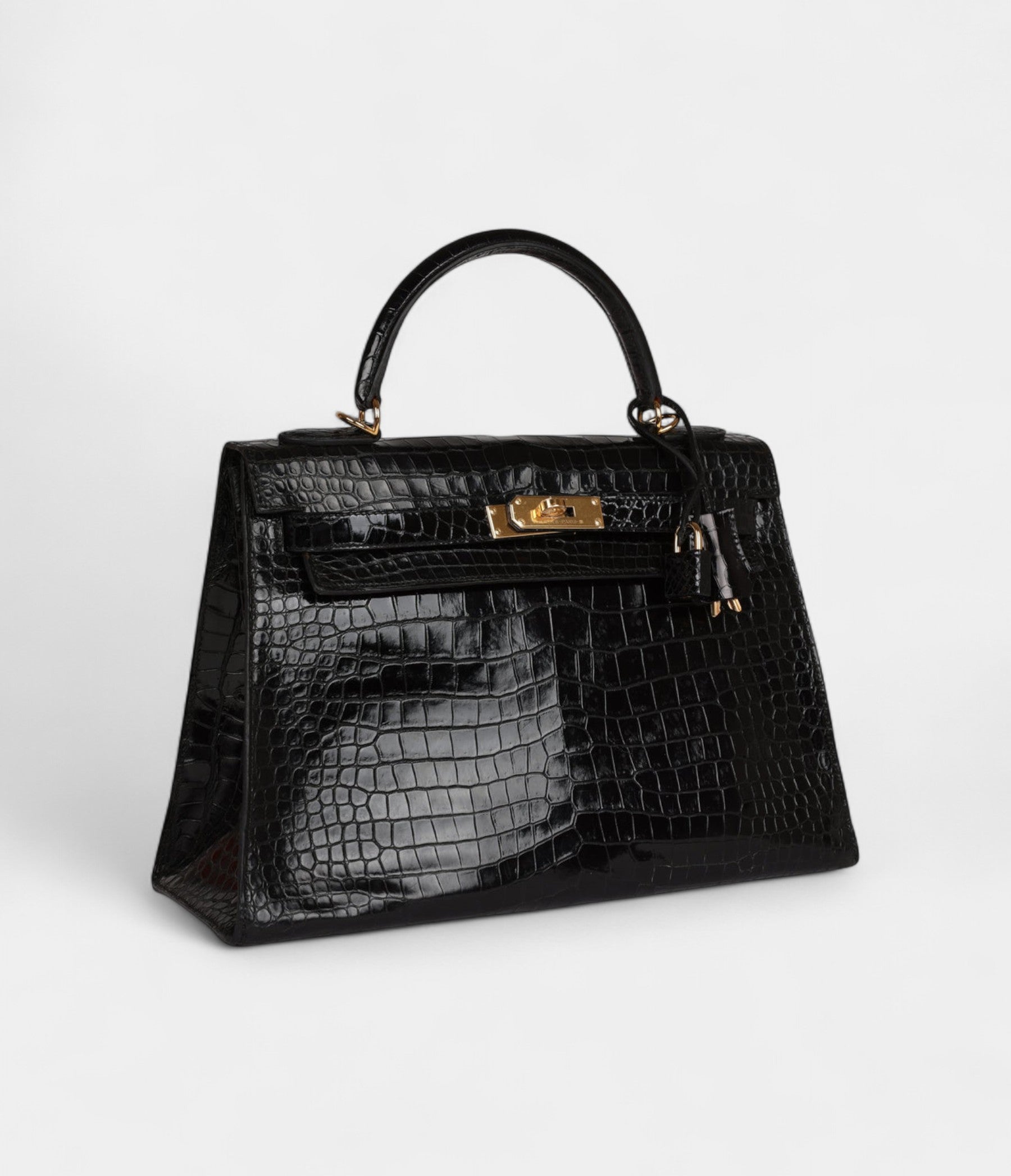 Vintage Hermès Kelly 32 Black Shiny Porosus Crocodile Gold Hardware