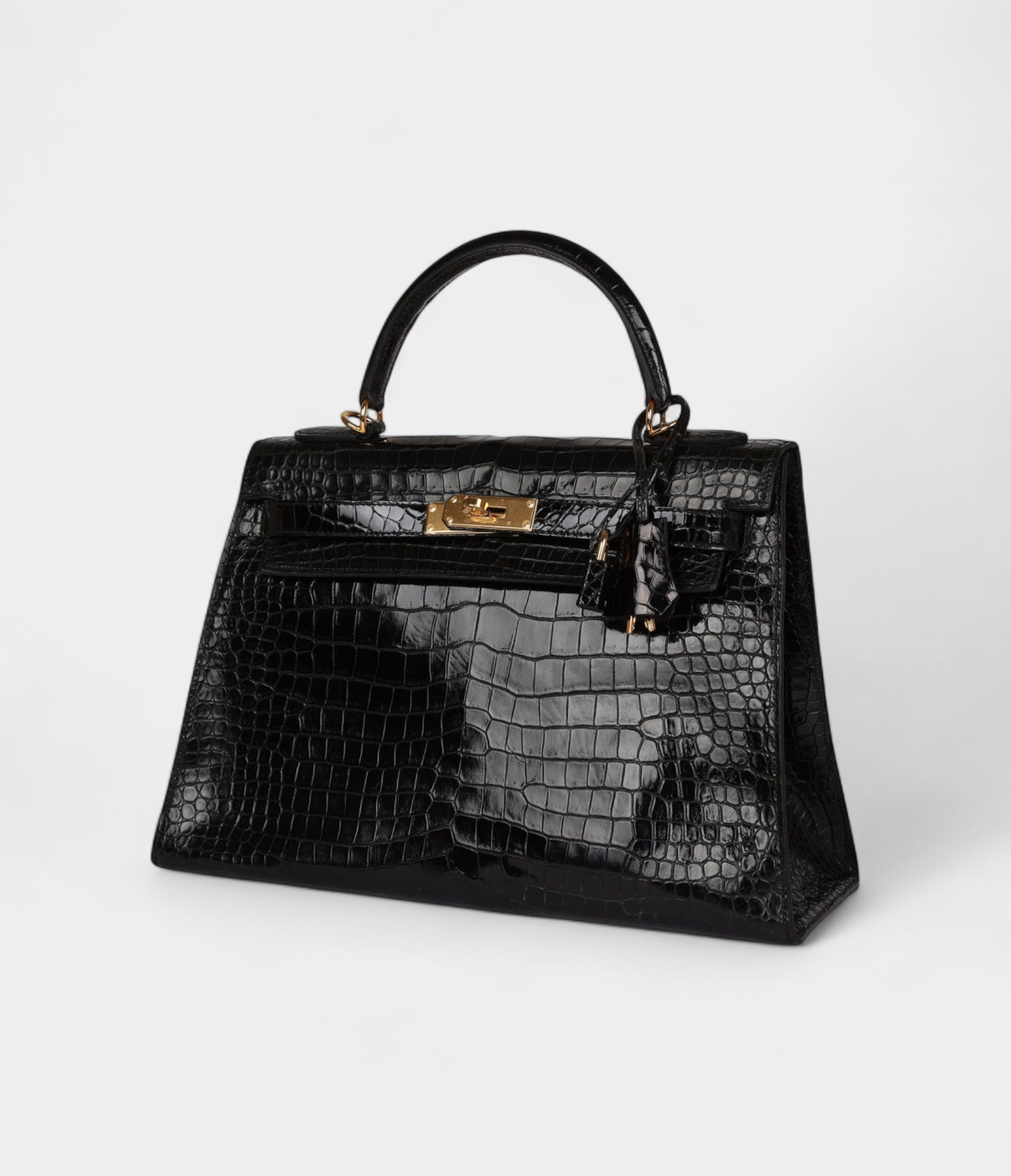 Vintage Hermès Kelly 32 Black Shiny Porosus Crocodile Gold Hardware