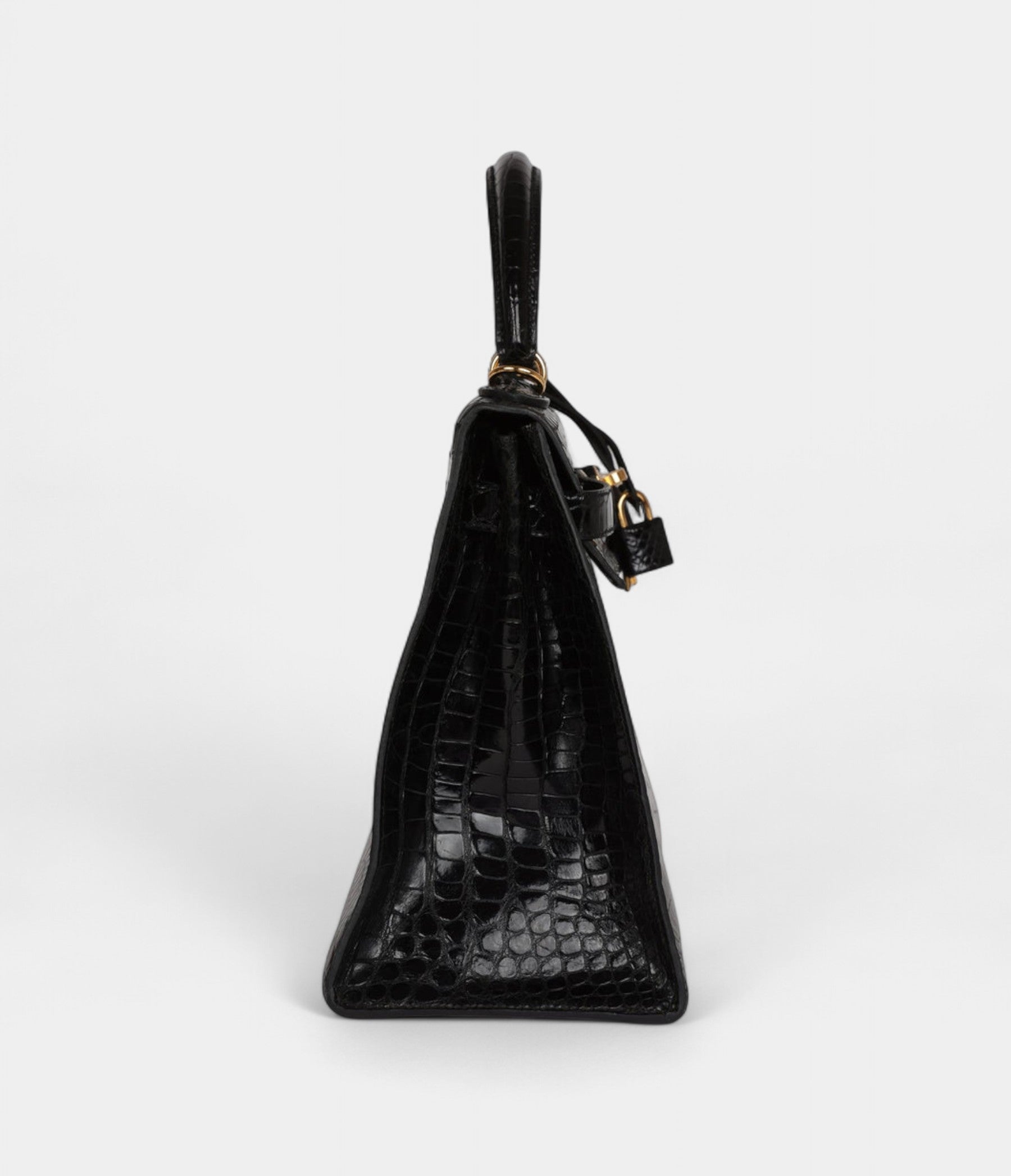 Vintage Hermès Kelly 32 Black Shiny Porosus Crocodile Gold Hardware