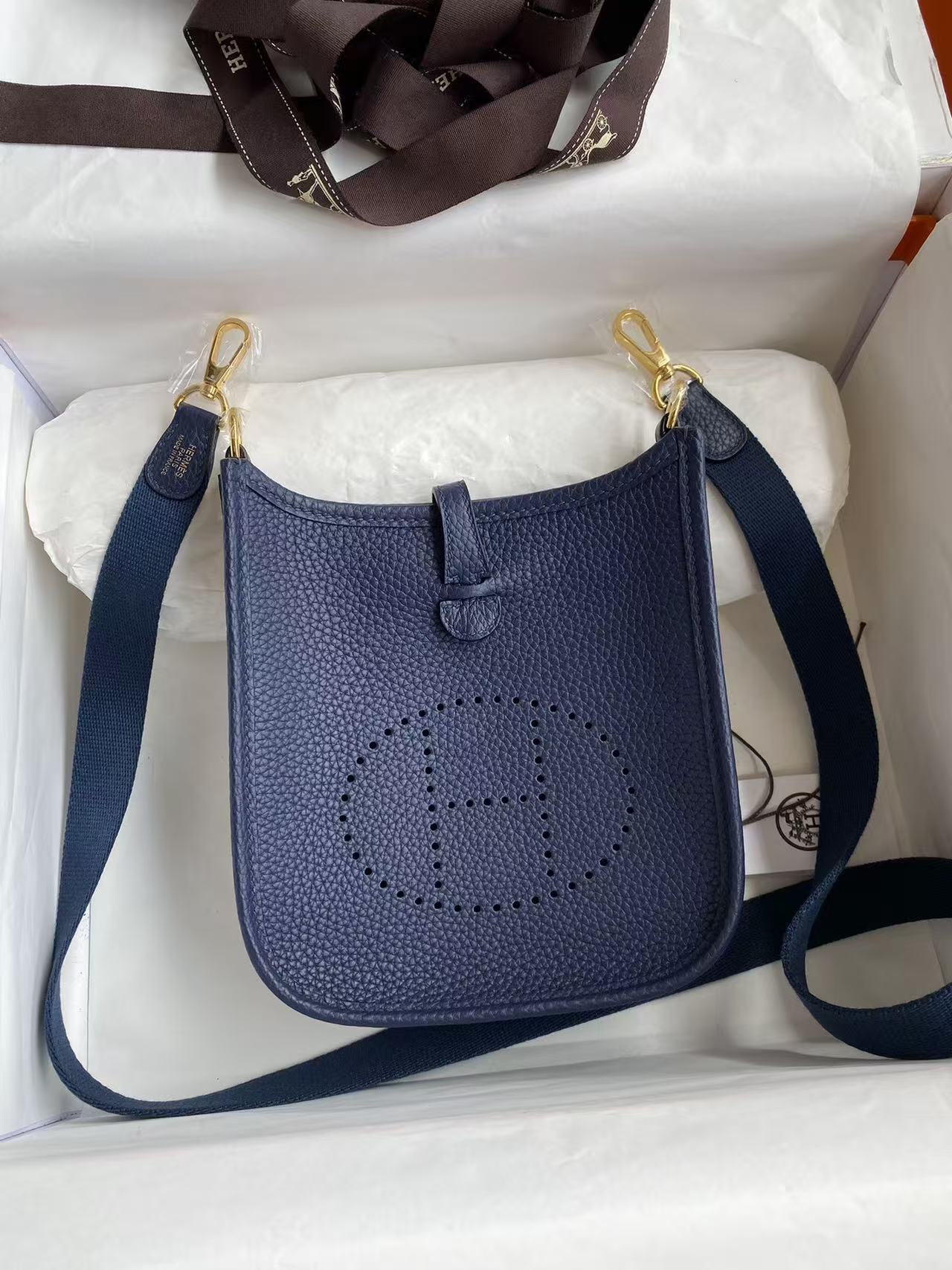 Hermès Evelyne TPM Dark blue  18cm Clemence Gold Hardware